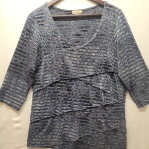 One World Womens LG Blue Charcoal Stripe Tiered Scoop Neck 3/4 Slv Top Stretch
